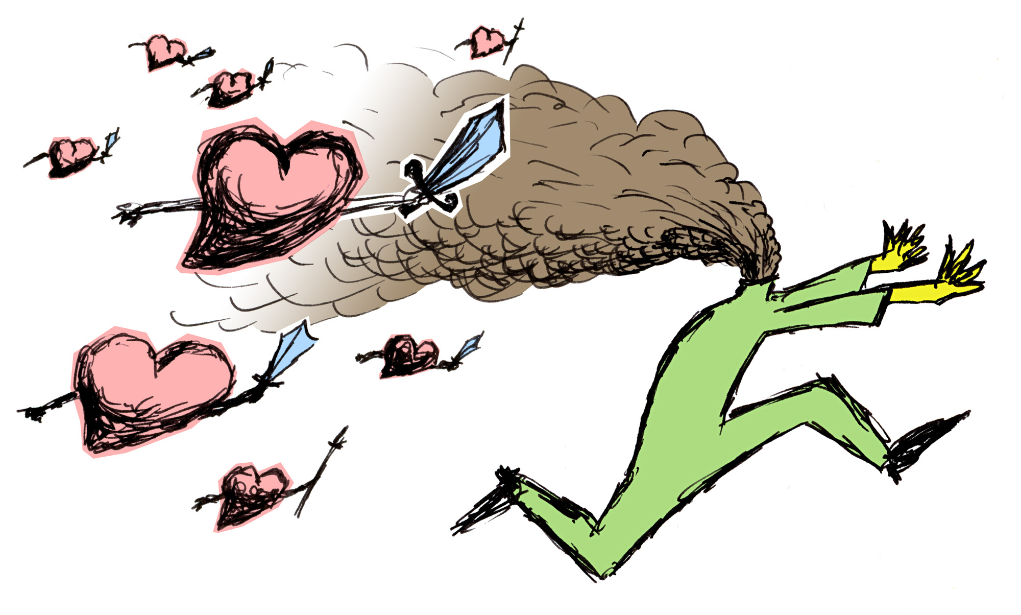 Zeichnung einer kopflosen Person, die von fliegenden bewaffneten Herzen verfolgt wird