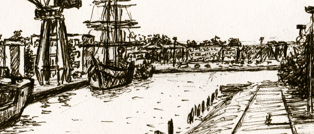 Zeichnung vom Marinehafen Wilhelmshaven, in welchem an diesem Tag die Gorch Fock lag