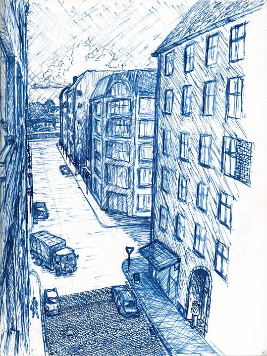 Zeichnung einer fiktiven Kopfsteinpflasterstraße mit Altbauten im Stile Berlins