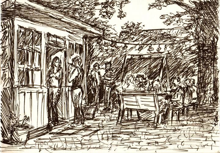 Zeichnung einer Gartenfeier mit Menschen, Bäumen und Lichterkette