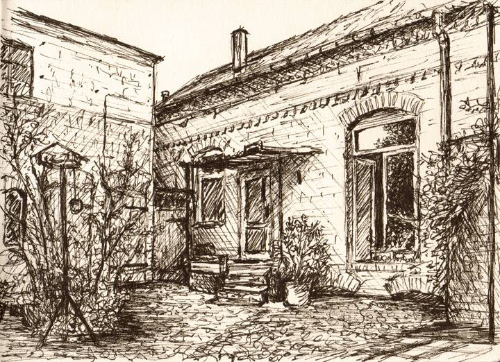 Zeichnung einer Ziegelstein-Hofecke auf einem Bauernhof