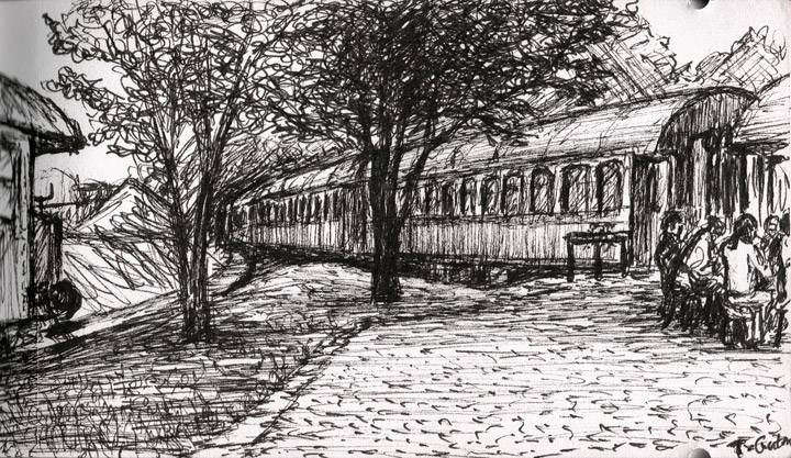 Zeichnung eines abgestellten Schlafwagenzugs