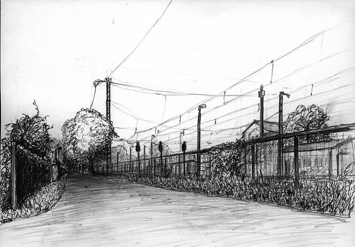 Zeichnung von einem Weg zwischen Gärten und Bahnhofsgleisen