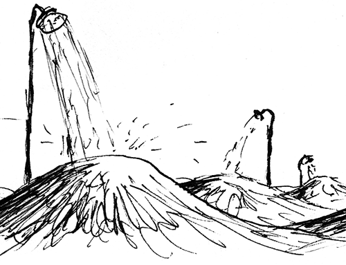 Mehrere Hügel mit brausenden Duschen darauf