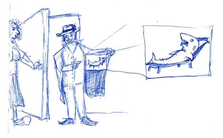 Zeichnung eines Vertreters an der Wohnungstür, der ein Bild vorzeigt von einem Haifisch auf einer Strandliege