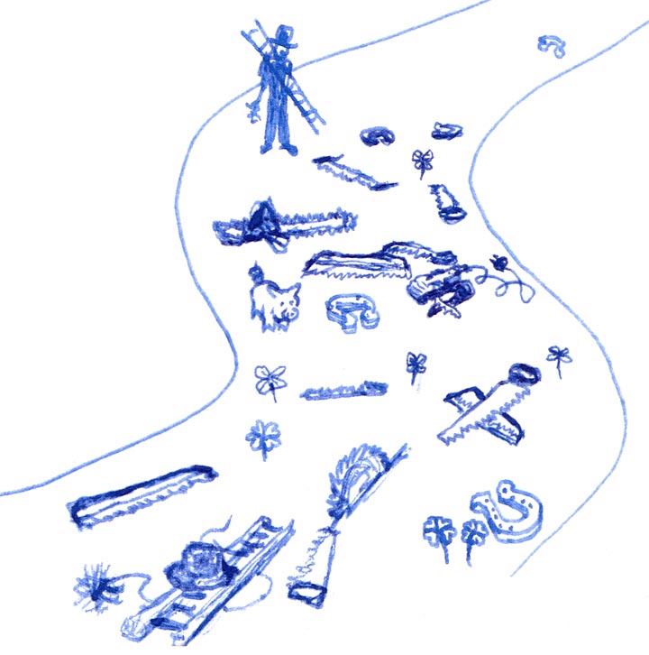 Zeichnung eines Weges, auf dem Sägen und allerhand Glücksymbole liegen