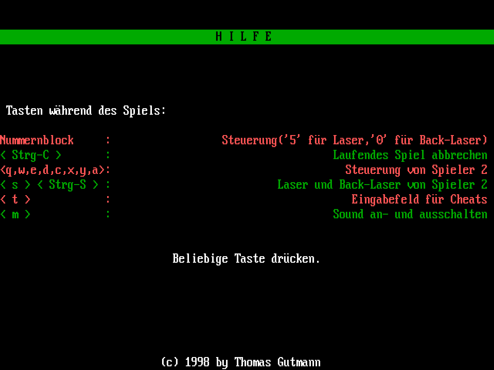 Screenshot vom Hilfemenü. Die Tastenbefehle sind aufgelistet